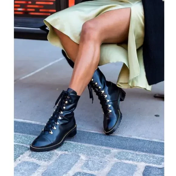 Stuart Weitzman Kolbie Black Leather Chain Combat Boot 39 Black